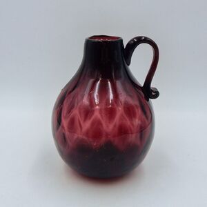 Amethyst Purple Diamond Pattern Glass Jug with Applied Handle 6-1/2 Inch Vase